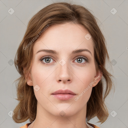 Neutral white young-adult female with medium  brown hair and grey eyes