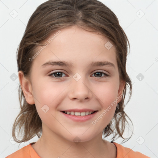 Joyful white child female with medium  brown hair and brown eyes