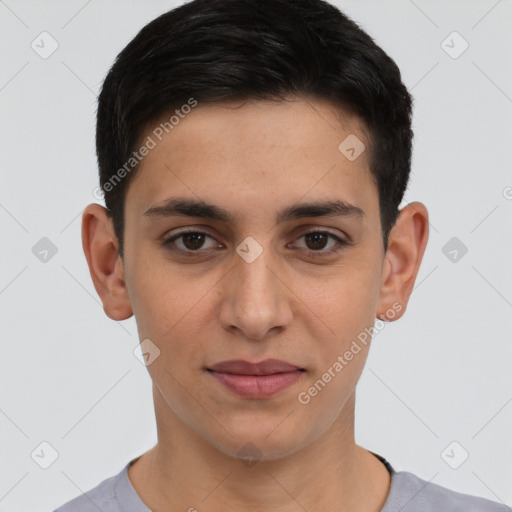 Joyful white young-adult male with short  black hair and brown eyes