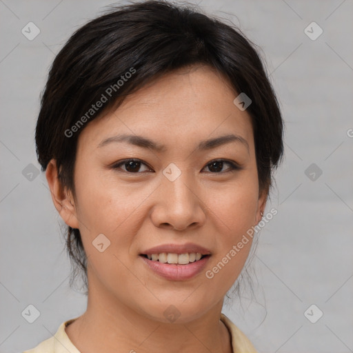 Joyful white young-adult female with medium  brown hair and brown eyes