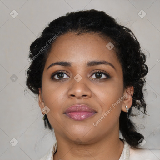 Joyful black young-adult female with medium  black hair and brown eyes