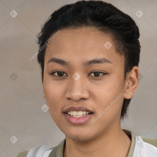 Joyful latino young-adult female with short  black hair and brown eyes