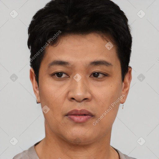Neutral asian young-adult male with short  black hair and brown eyes