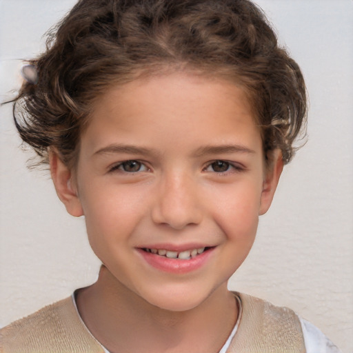 Joyful white child female with short  brown hair and brown eyes