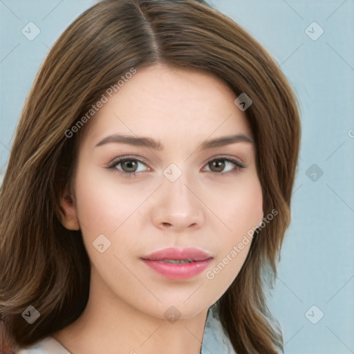 Neutral white young-adult female with medium  brown hair and brown eyes