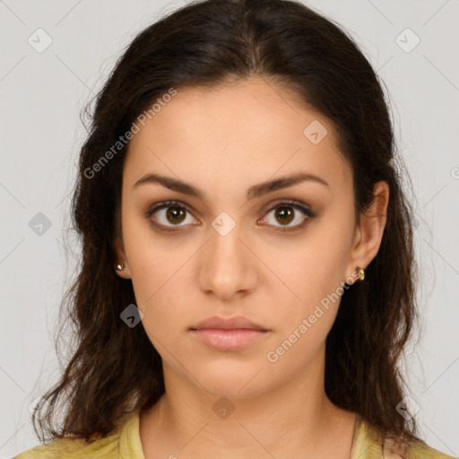 Neutral white young-adult female with medium  brown hair and brown eyes