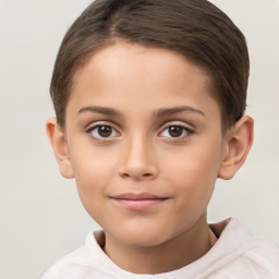 Joyful white child female with short  brown hair and brown eyes