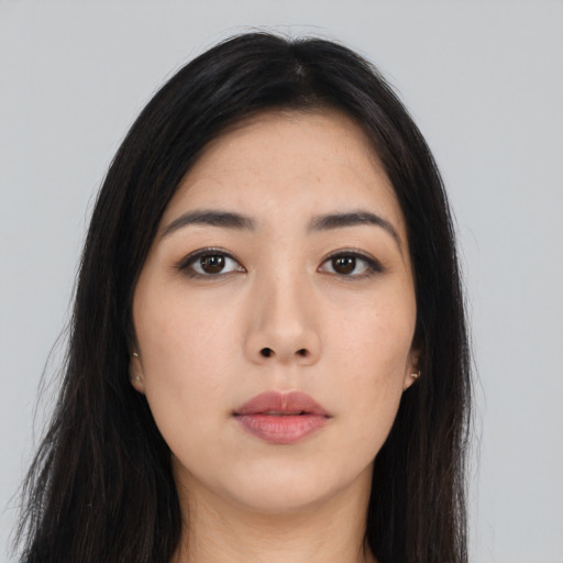 Neutral asian young-adult female with long  black hair and brown eyes