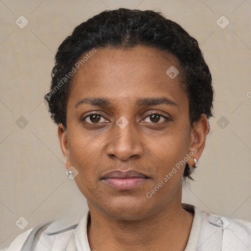 Joyful black young-adult female with short  black hair and brown eyes