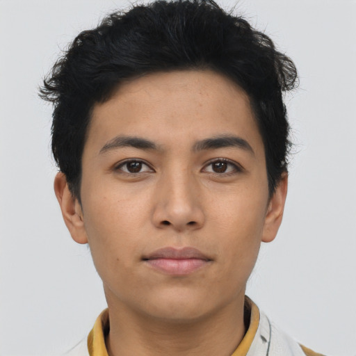 Neutral asian young-adult male with short  black hair and brown eyes