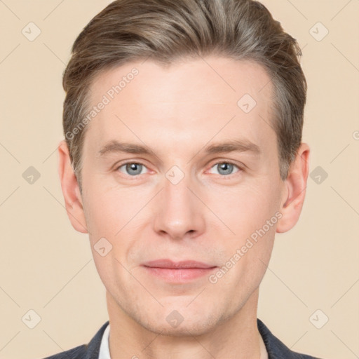 Joyful white adult male with short  brown hair and grey eyes