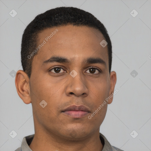 Neutral latino young-adult male with short  black hair and brown eyes