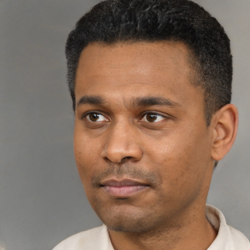 Neutral latino young-adult male with short  black hair and brown eyes