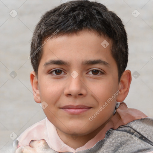 Joyful white child male with short  brown hair and brown eyes