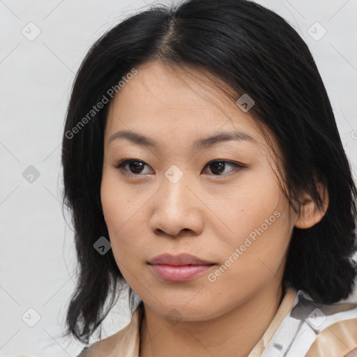 Neutral asian young-adult female with medium  brown hair and brown eyes