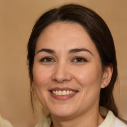 Joyful white adult female with medium  brown hair and brown eyes