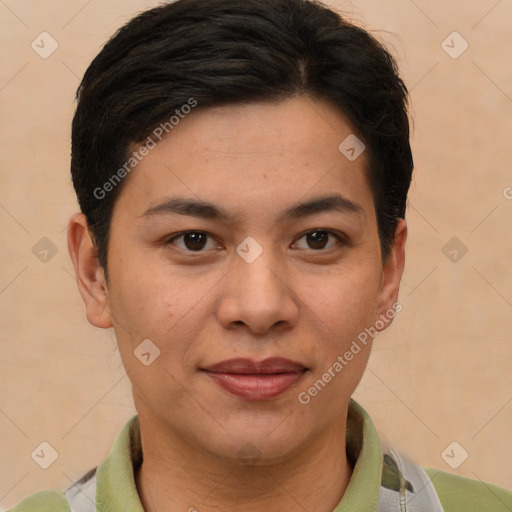 Joyful asian young-adult female with short  brown hair and brown eyes