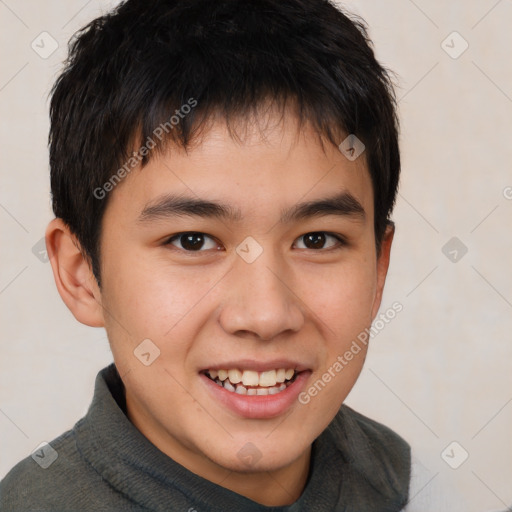 Joyful white child male with short  brown hair and brown eyes