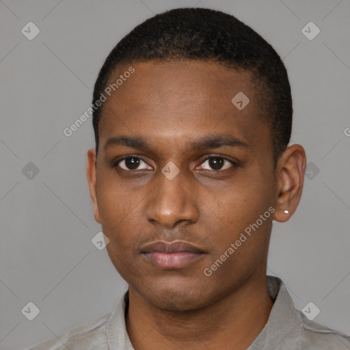 Neutral black young-adult male with short  black hair and brown eyes