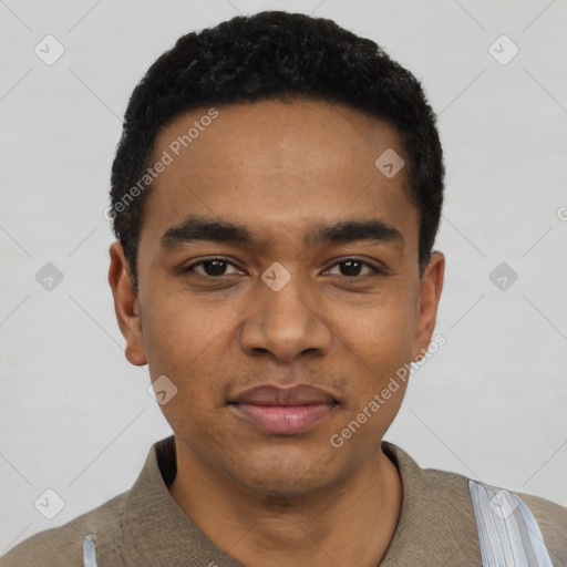 Joyful black young-adult male with short  black hair and brown eyes