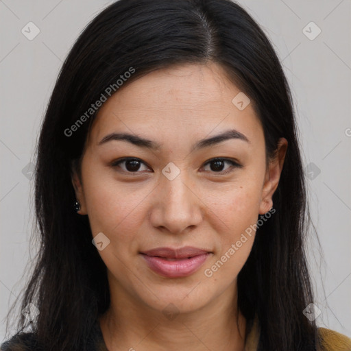 Joyful asian young-adult female with long  brown hair and brown eyes