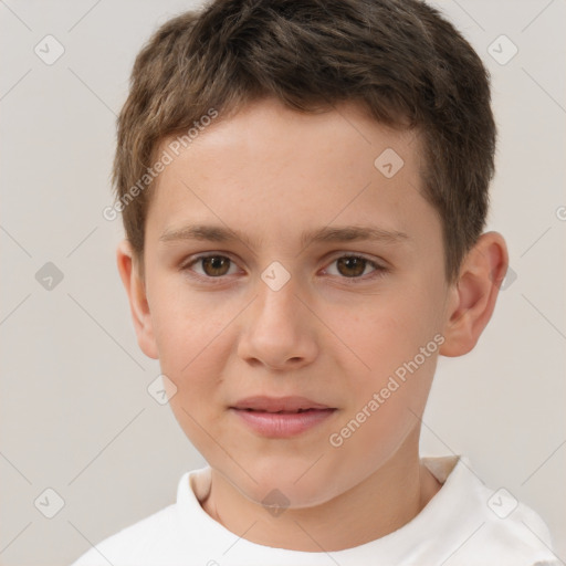 Joyful white child male with short  brown hair and brown eyes