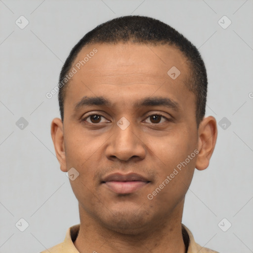 Neutral latino young-adult male with short  black hair and brown eyes