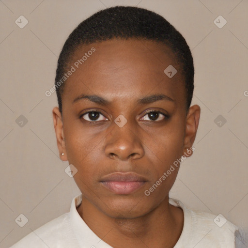 Neutral black young-adult female with short  black hair and brown eyes