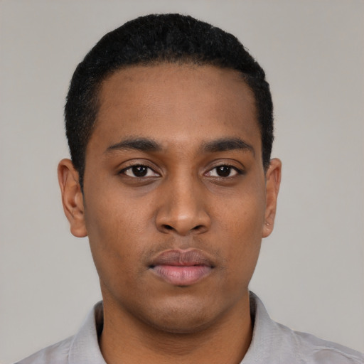 Neutral black young-adult male with short  black hair and brown eyes