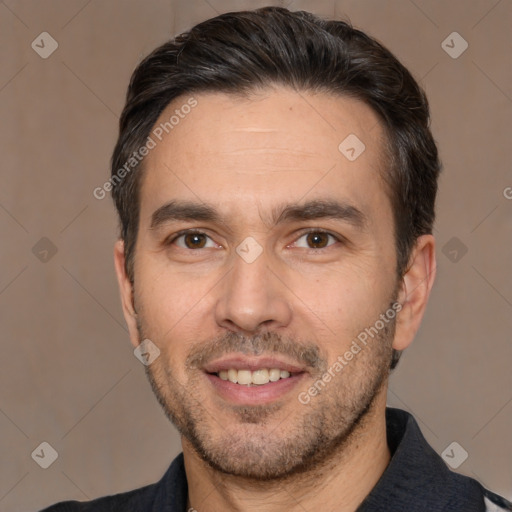 Joyful white adult male with short  brown hair and brown eyes