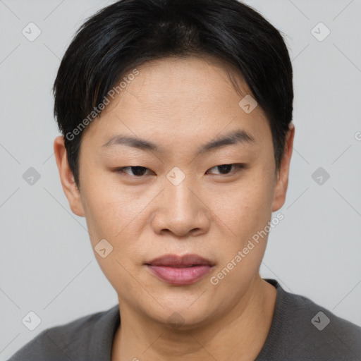 Joyful asian young-adult female with short  black hair and brown eyes