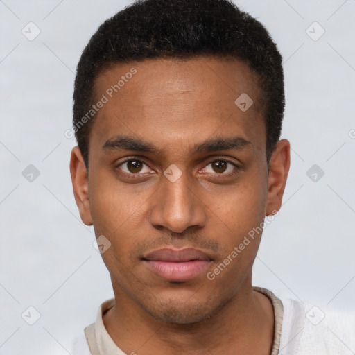 Neutral latino young-adult male with short  black hair and brown eyes