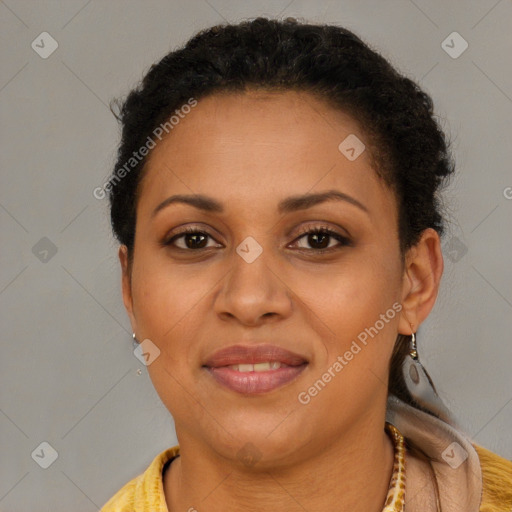 Joyful latino young-adult female with short  brown hair and brown eyes