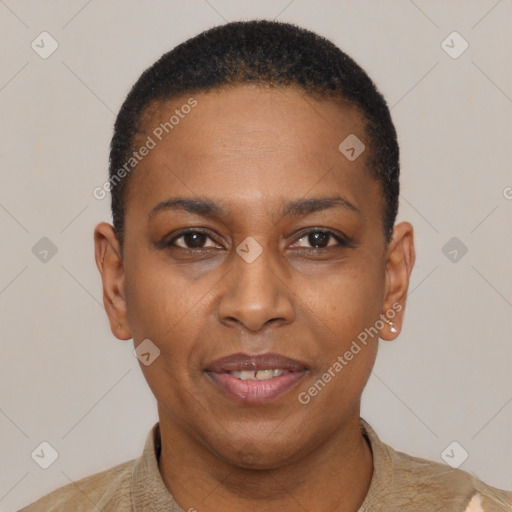 Joyful black adult female with short  black hair and brown eyes