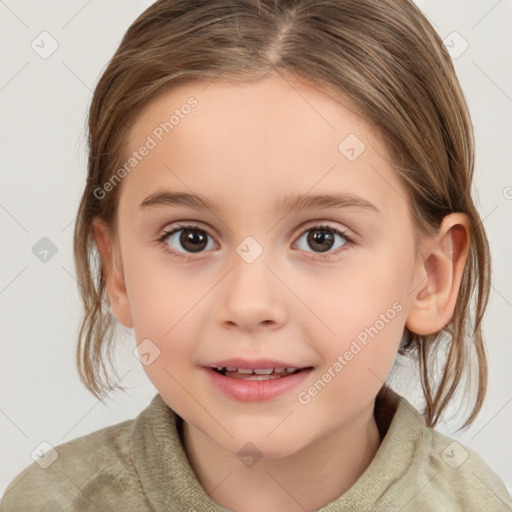 Joyful white child female with medium  brown hair and brown eyes