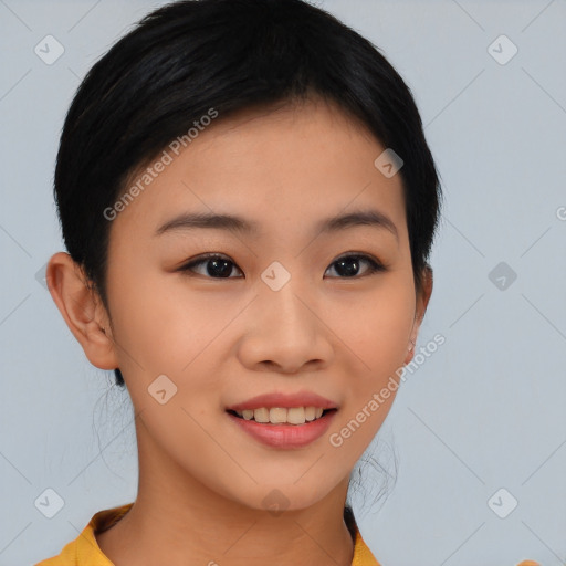 Joyful asian young-adult female with short  brown hair and brown eyes