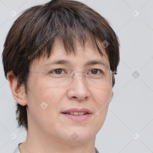 Joyful white adult female with short  brown hair and brown eyes