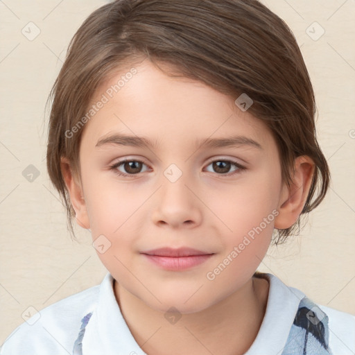 Joyful white child female with medium  brown hair and brown eyes