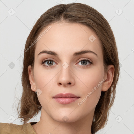 Neutral white young-adult female with medium  brown hair and grey eyes