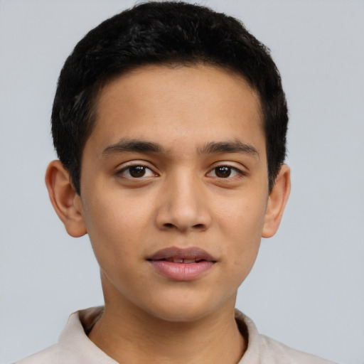 Joyful latino young-adult male with short  brown hair and brown eyes