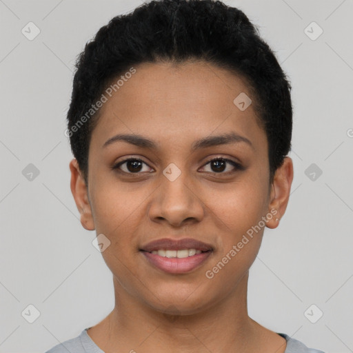 Joyful latino young-adult female with short  black hair and brown eyes