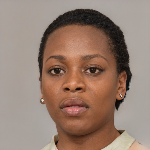 Neutral black young-adult female with short  black hair and brown eyes