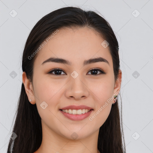 Joyful white young-adult female with long  brown hair and brown eyes