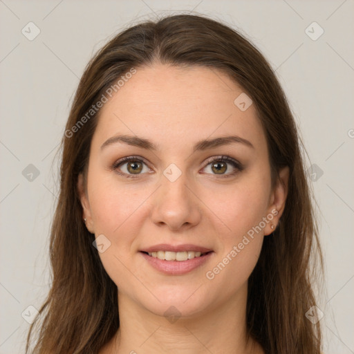 Joyful white young-adult female with long  brown hair and grey eyes