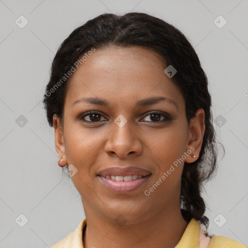 Joyful latino young-adult female with short  brown hair and brown eyes