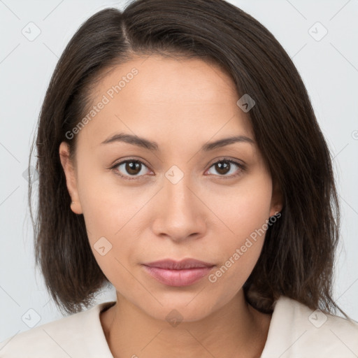 Neutral white young-adult female with medium  brown hair and brown eyes