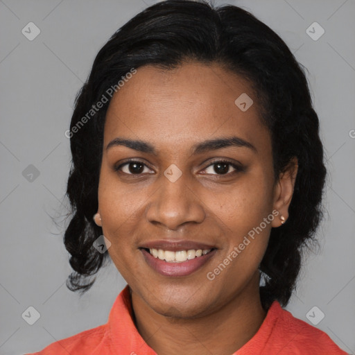 Joyful black young-adult female with medium  black hair and brown eyes