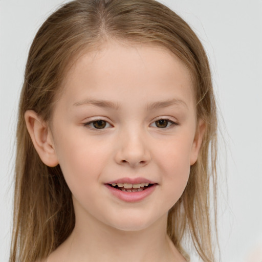 Joyful white child female with medium  brown hair and brown eyes