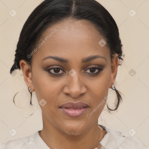 Joyful black young-adult female with medium  brown hair and brown eyes