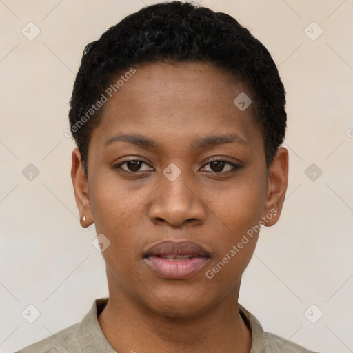 Neutral black young-adult female with short  black hair and brown eyes